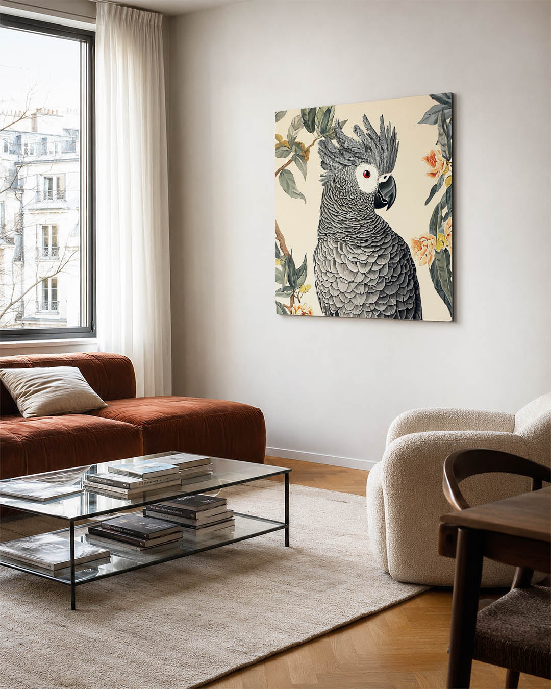 Exotische vogel illustratie kunstwerk – vierkante wanddecoratie – dit werk toont een gedetailleerde vogel met grijze veren en
