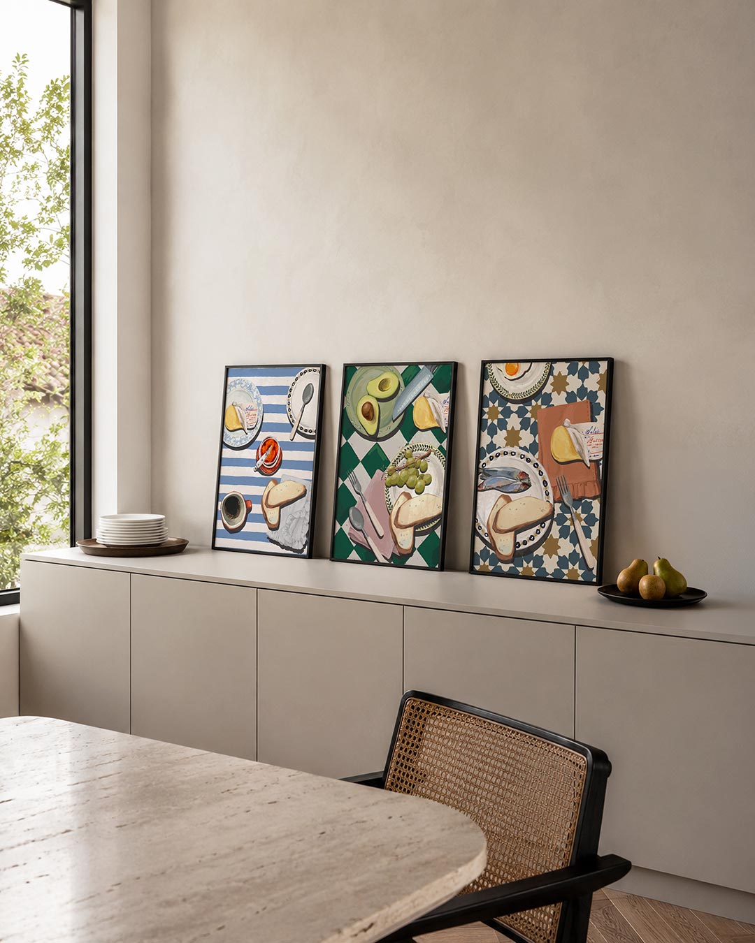 Ontbijt en strepen posterset – detailweergave – deze driedelige postercombinatie toont een speelse