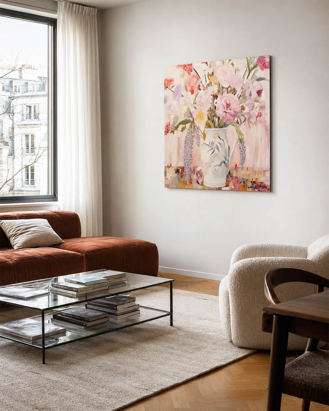 Bloemen in vaas kunstwerk – vierkante wanddecoratie – dit werk toont een vaas met kleurrijke bloemen tegen een zachte