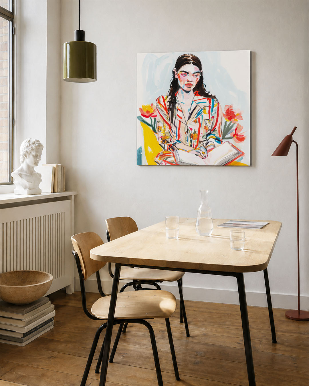 Kleurrijke portretstudie kunstwerk – vierkante wanddecoratie – dit kunstwerk toont een vrouw met een levendig patroon van