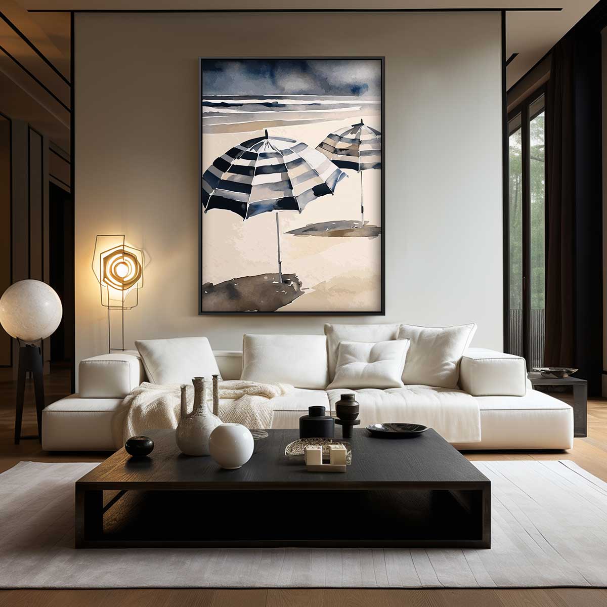 Strandparaplu Paradijs – kunstwerk met zwarte baklijst