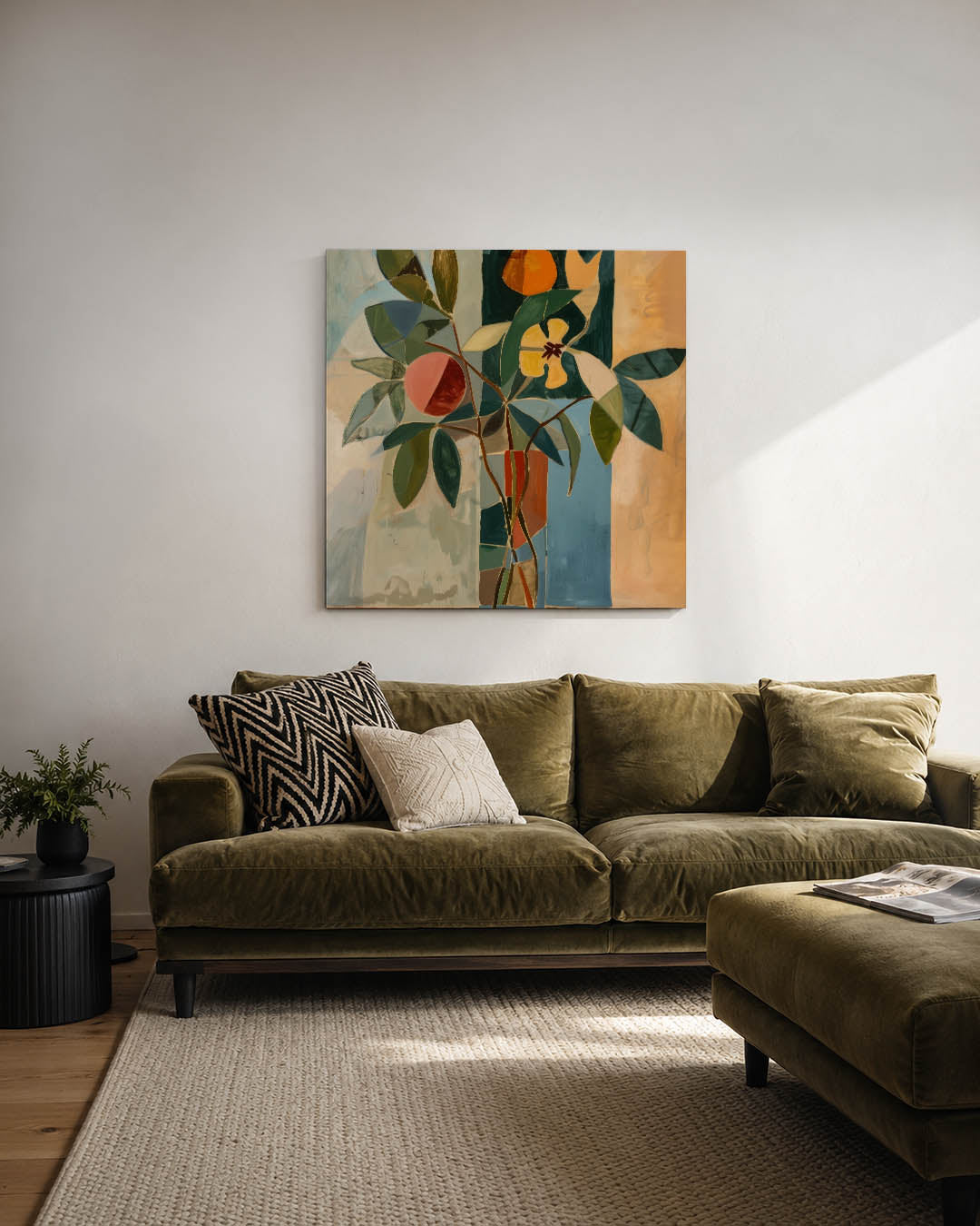 Geometrische bloemvormen kunstwerk – derde productweergave – dit werk toont een compositie van geometrische vormen en