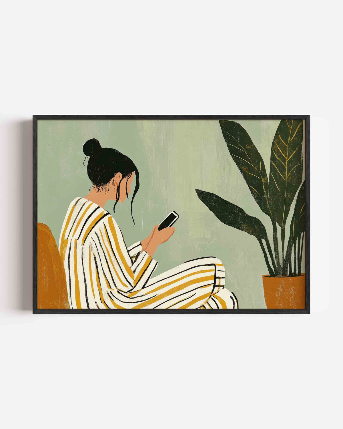 Vrouw met telefoon – moderne landscape poster als wanddecoratie