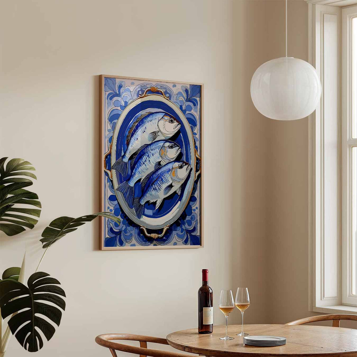 Stijlvolle Blauwe Visprint – staande keuken wanddecoratie van WallArtistic