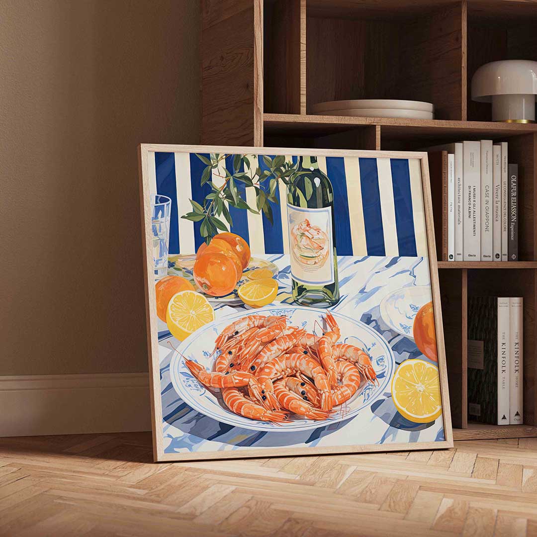 Garnalen en citrus – geïllustreerde wandkunst als vierkante poster