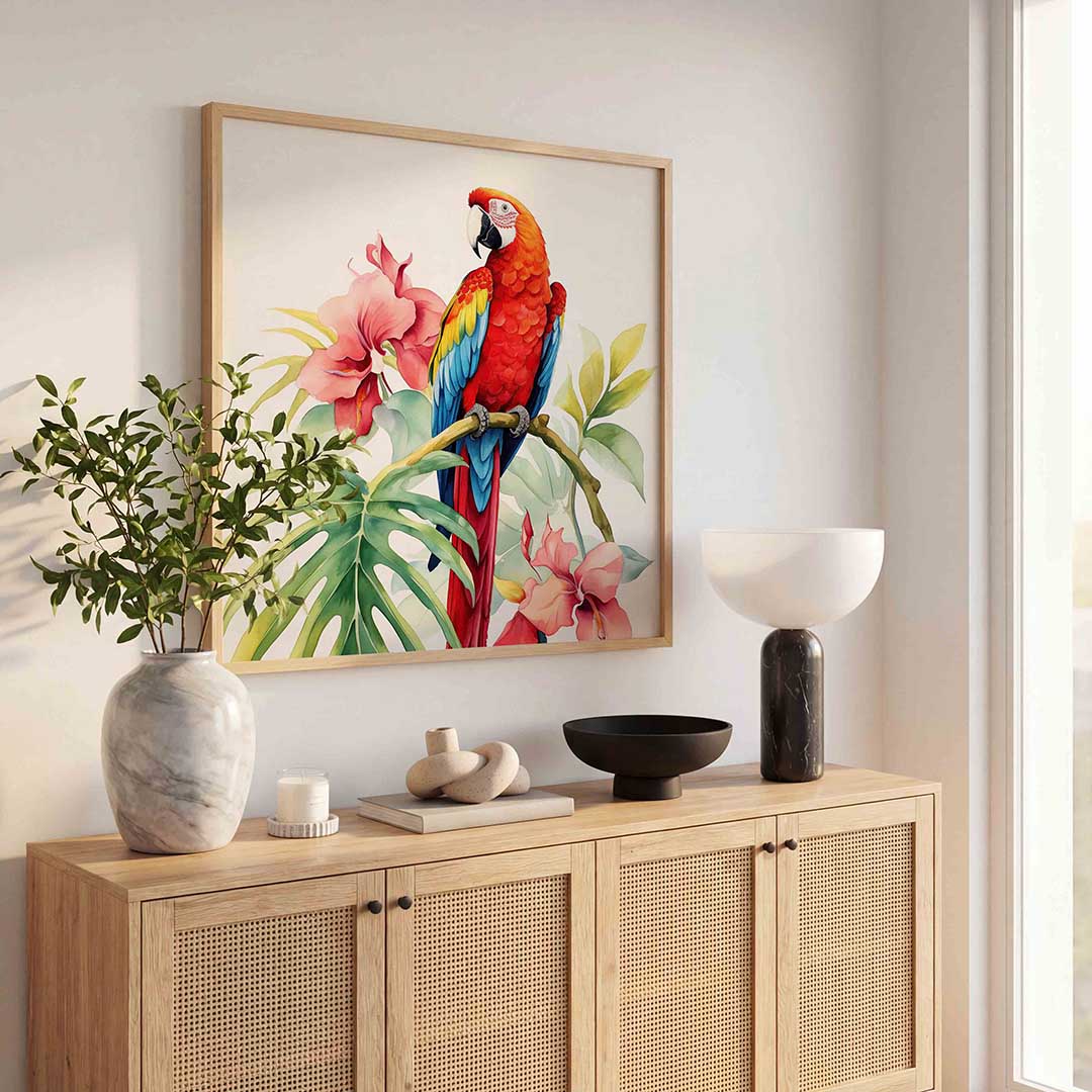 Papegaai en bloemen – tropische poster in vierkant formaat