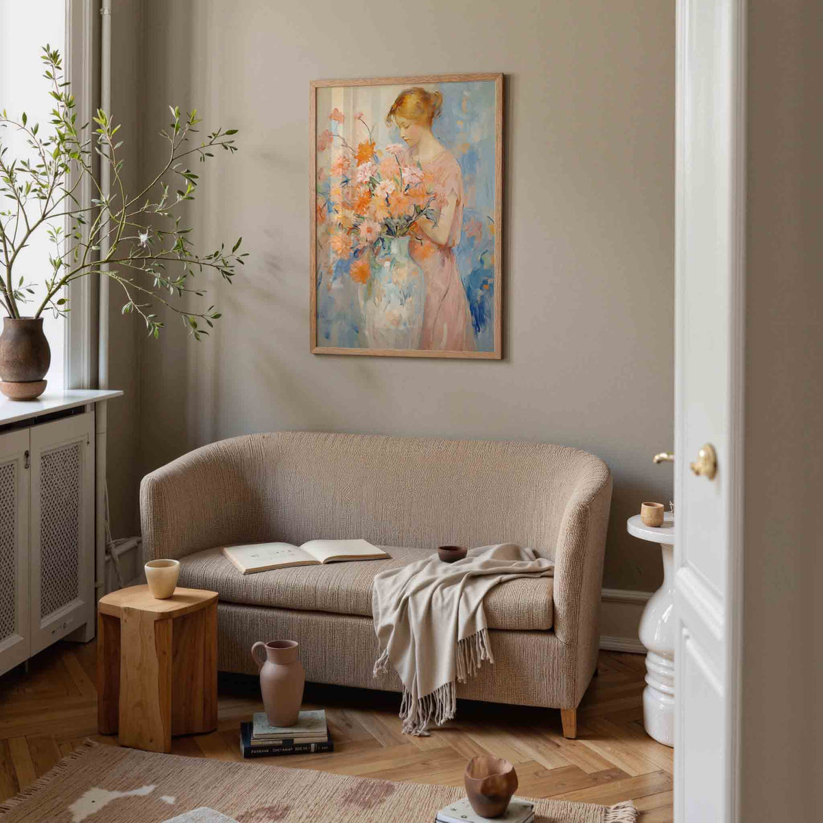 Vrouw met bloemen – botanische poster in staand formaat