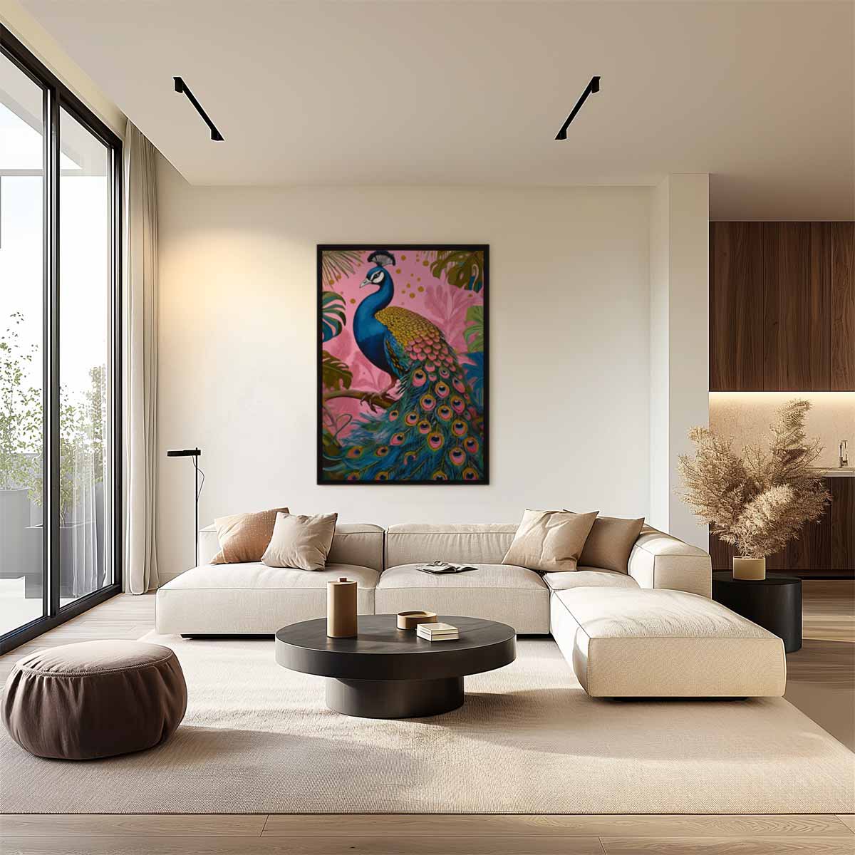 Kleurrijke Pauw in Tropisch Paradijs – staand kunstwerk voor modern interieur