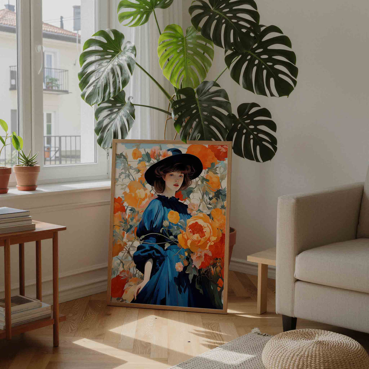 Vrouw met bloemen – staande botanische wanddecoratie van WallArtistic