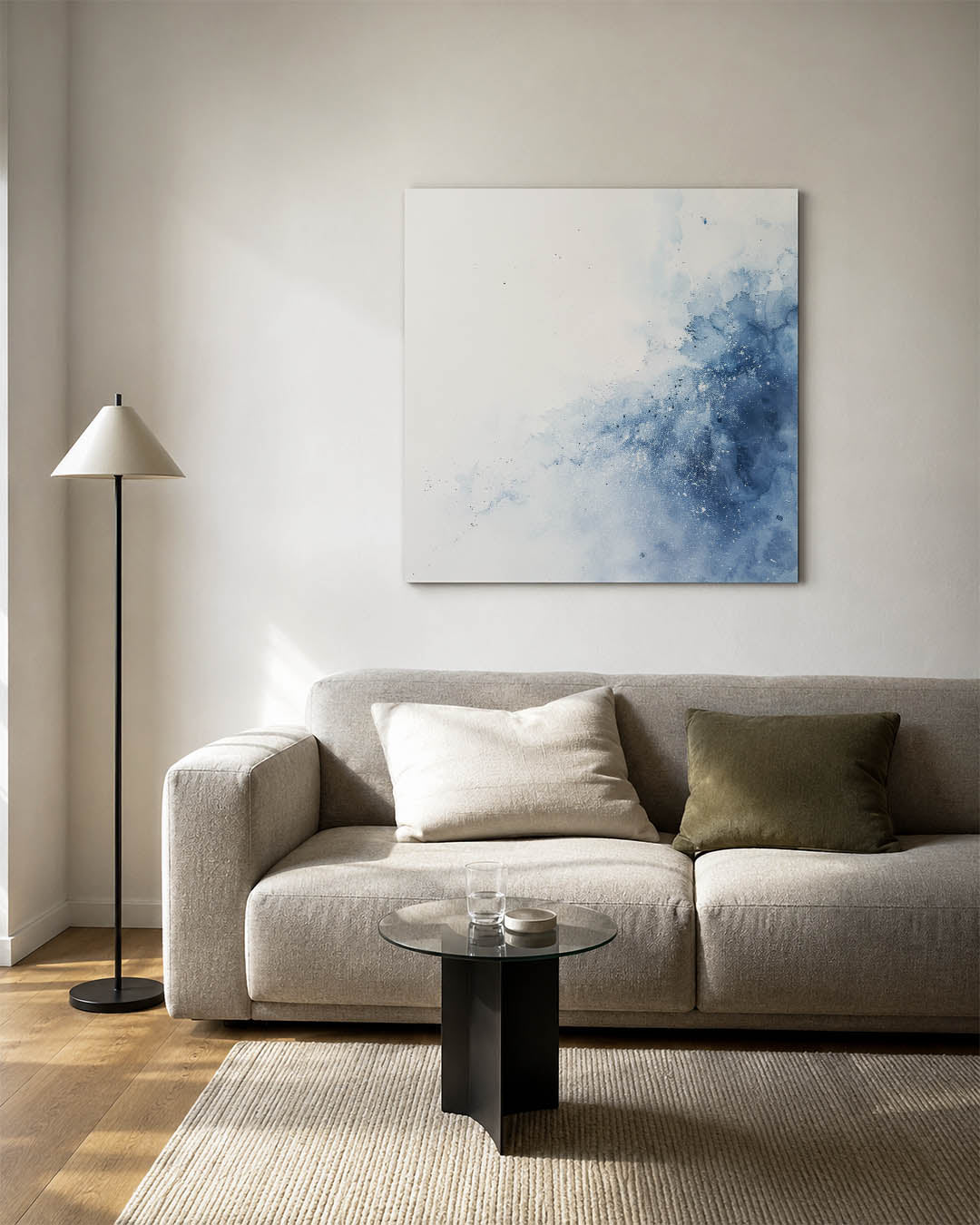 Vloeiende blauwe beweging kunstwerk – vierkante wanddecoratie – dit werk toont een vloeiende beweging van blauwe tinten die