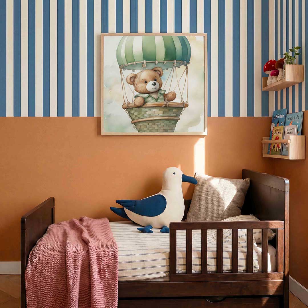 Beer in luchtballon – kids poster in vierkant formaat
