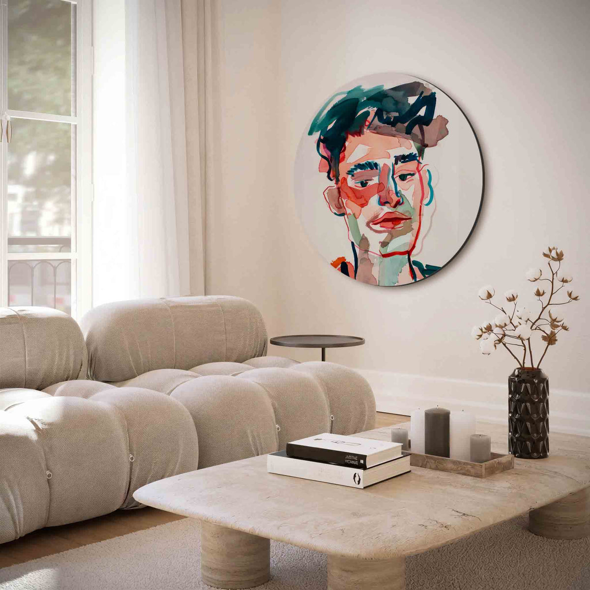 Portret in kleuren – muurcirkel met abstracte texturen voor aan de muur