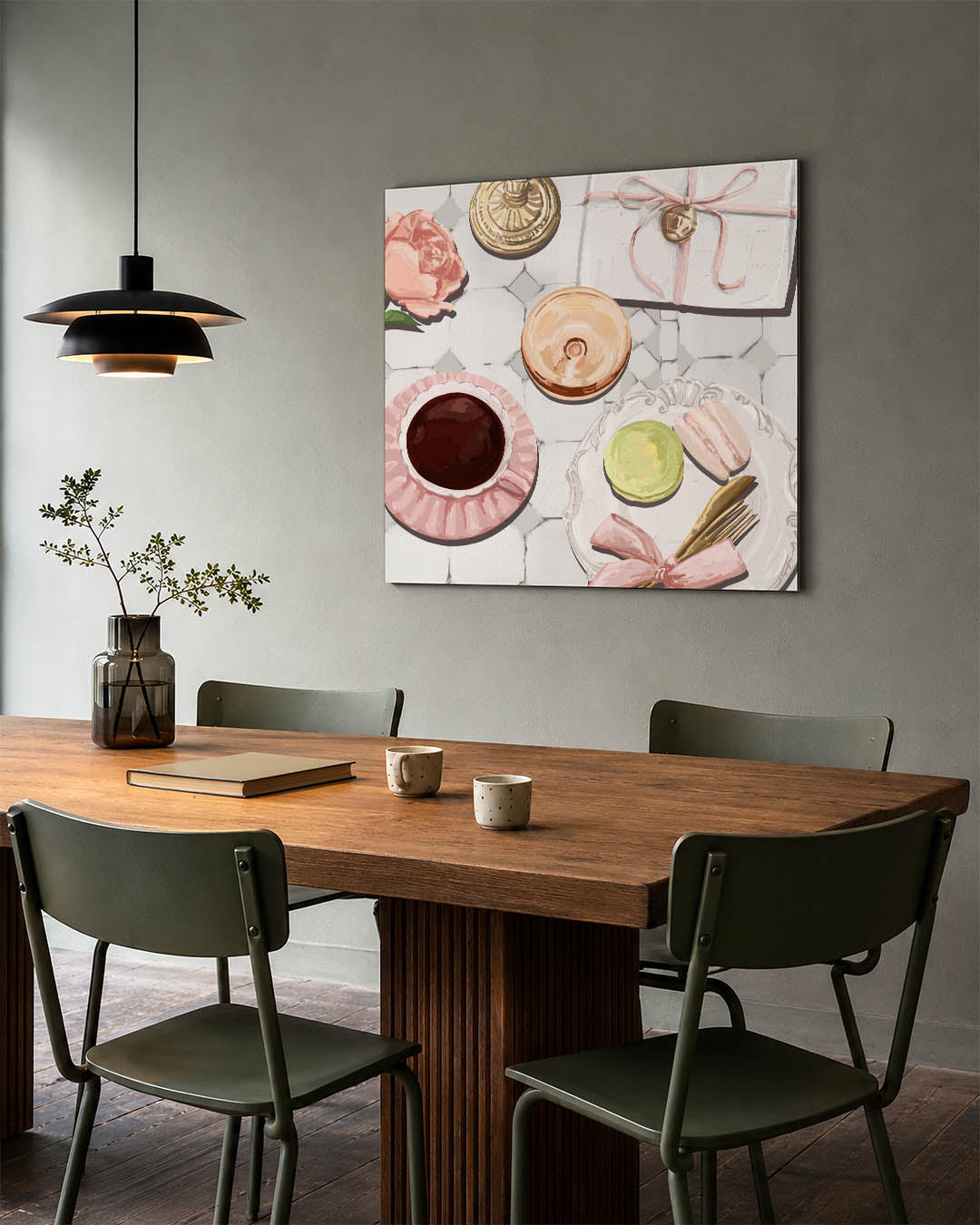 Elegante tafelscène kunstwerk – tweede productweergave – dit werk toont een verfijnde tafelscène met delicate details. Zachte