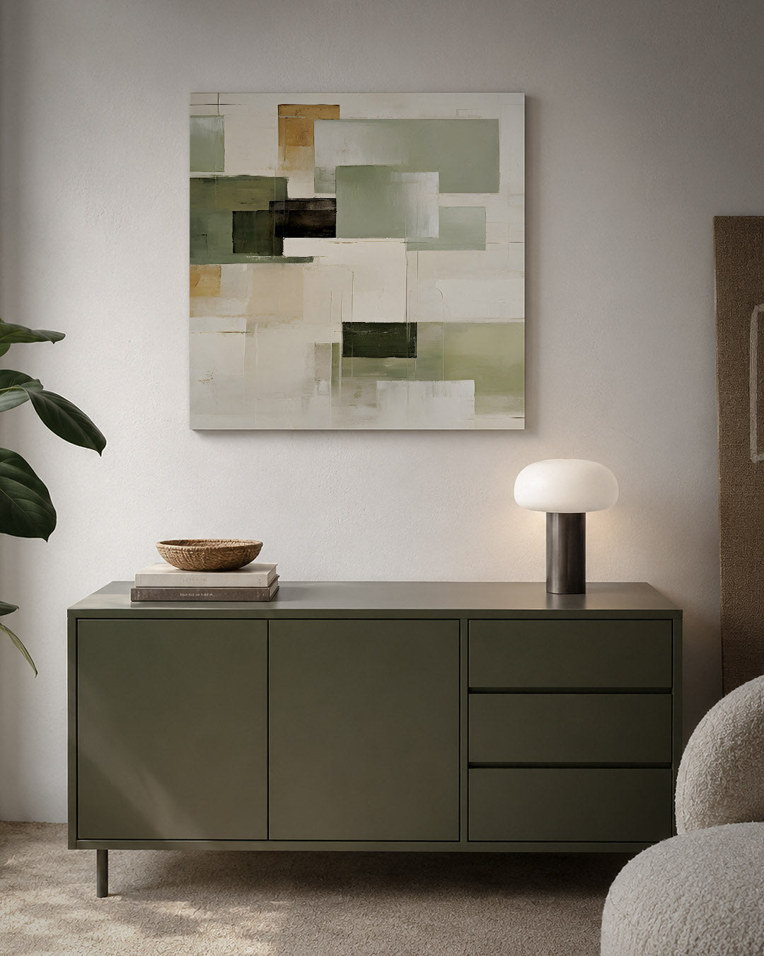 Geometrische vlakken kunstwerk – detailweergave – dit werk toont een compositie van rechthoekige vormen in zachte tinten. De