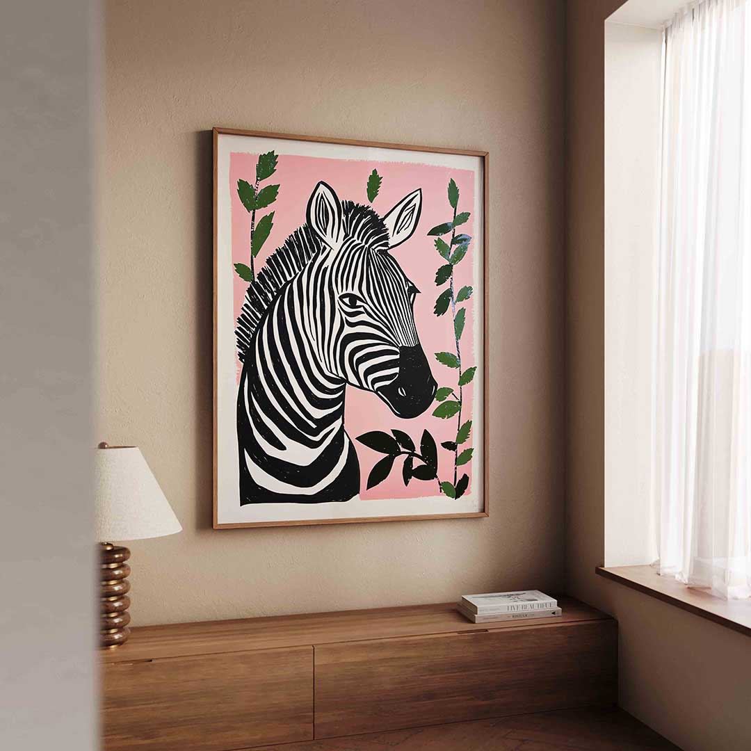Zebra op roze – dierenillustratie als portret poster