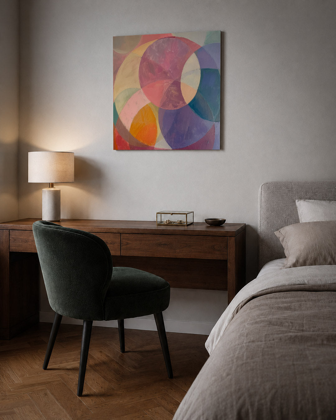Kleurrijke cirkelvormen kunstwerk – sfeerbeeld – dit werk toont een dynamische compositie van overlappende cirkels in zachte