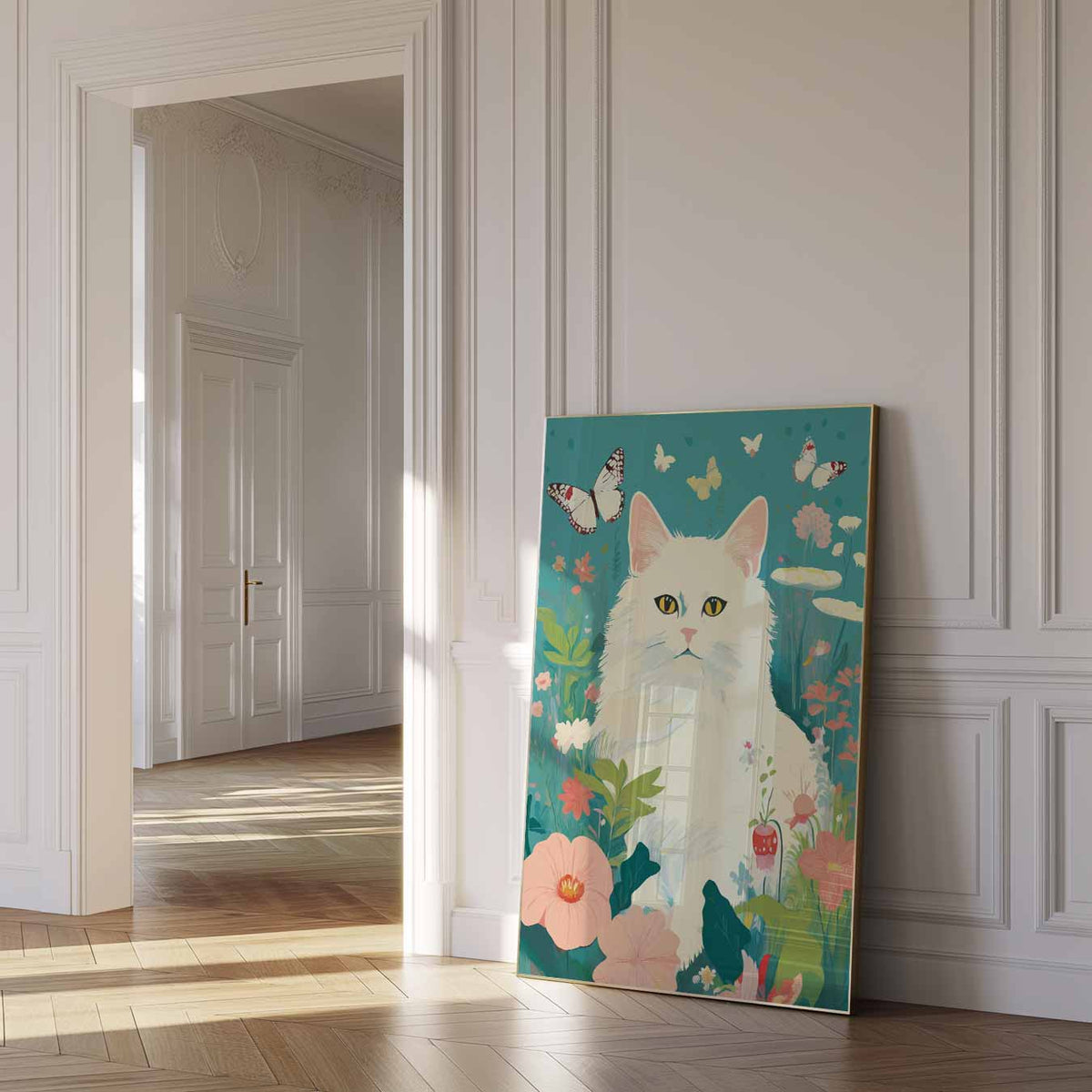 Dromerige Kat in Bloementuin – dierenposter als moderne staande wanddecoratie