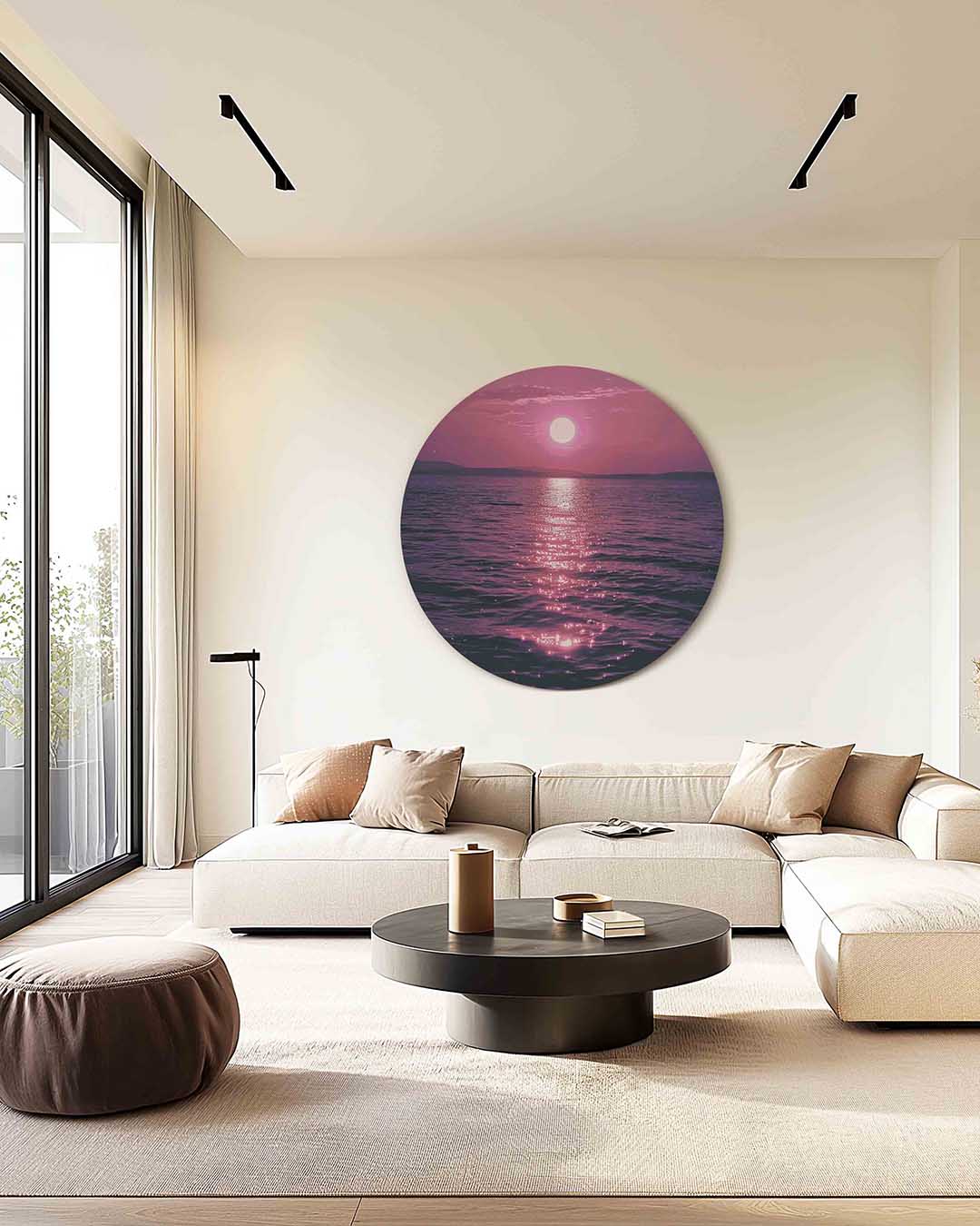 Zonsondergang over zee – kleurrijke muurcirkel als ronde wanddecoratie