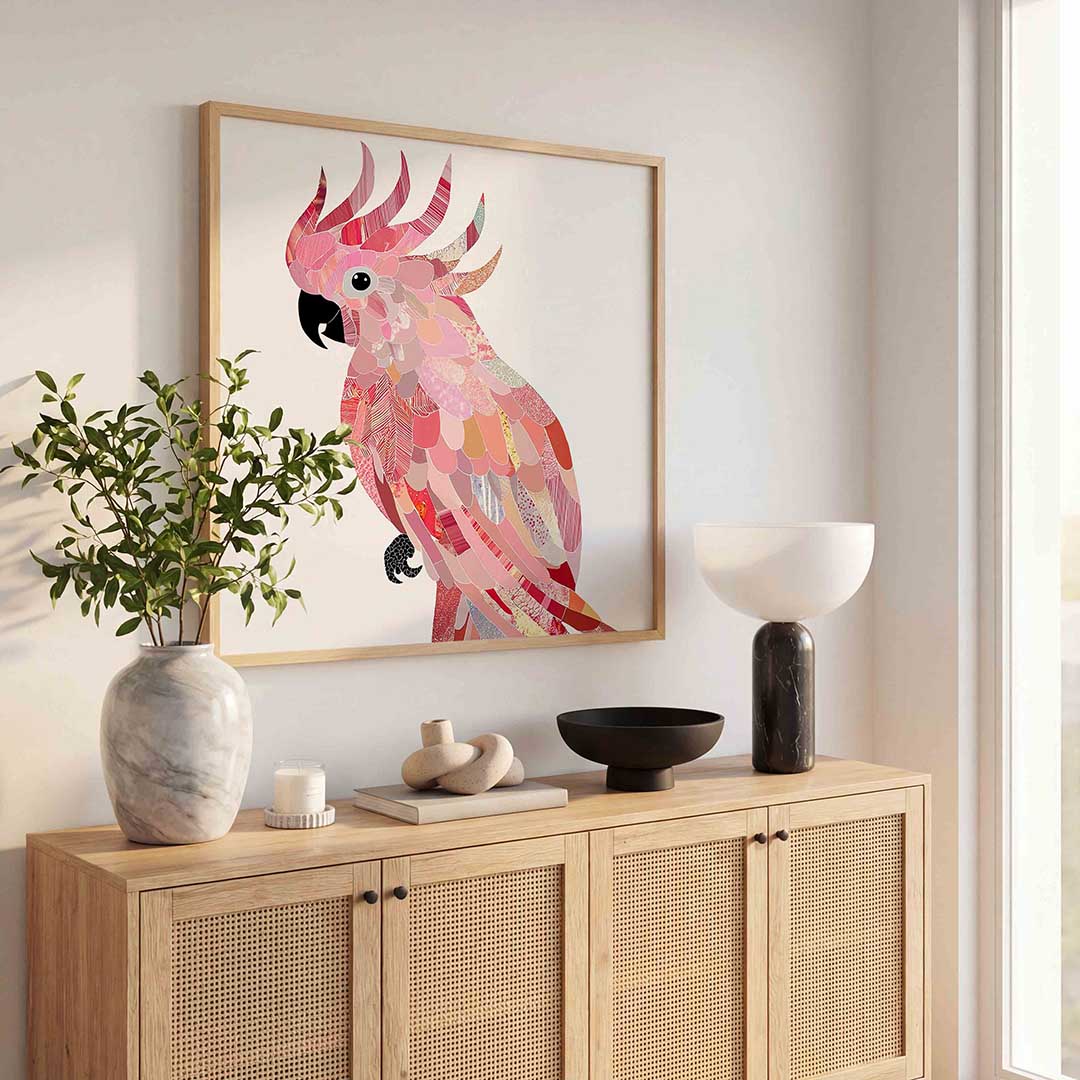 Papegaai in roze tinten – dierenillustratie als vierkante poster