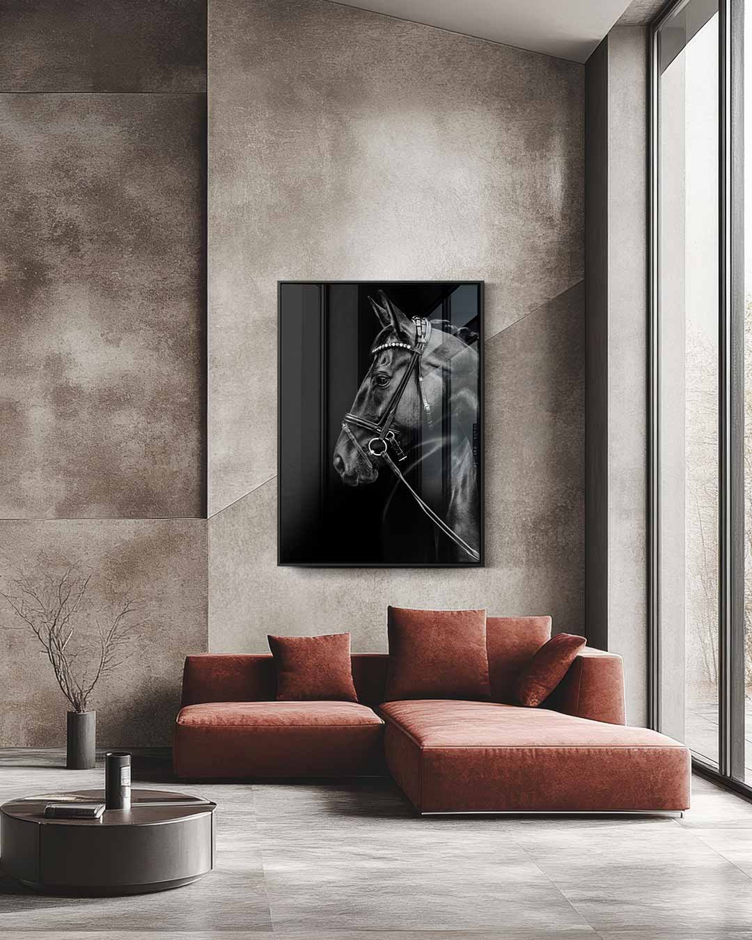 Elegante Paardenportret Fotografie – staande wandkunst voor woonkamer of interieur