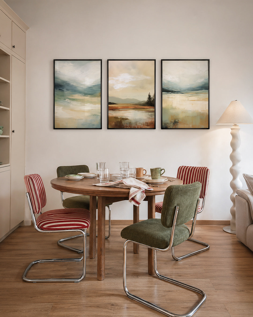 Zachte kleurstromen – deze posterset in drie delen toont vloeiende overgangen van blauw, groen en