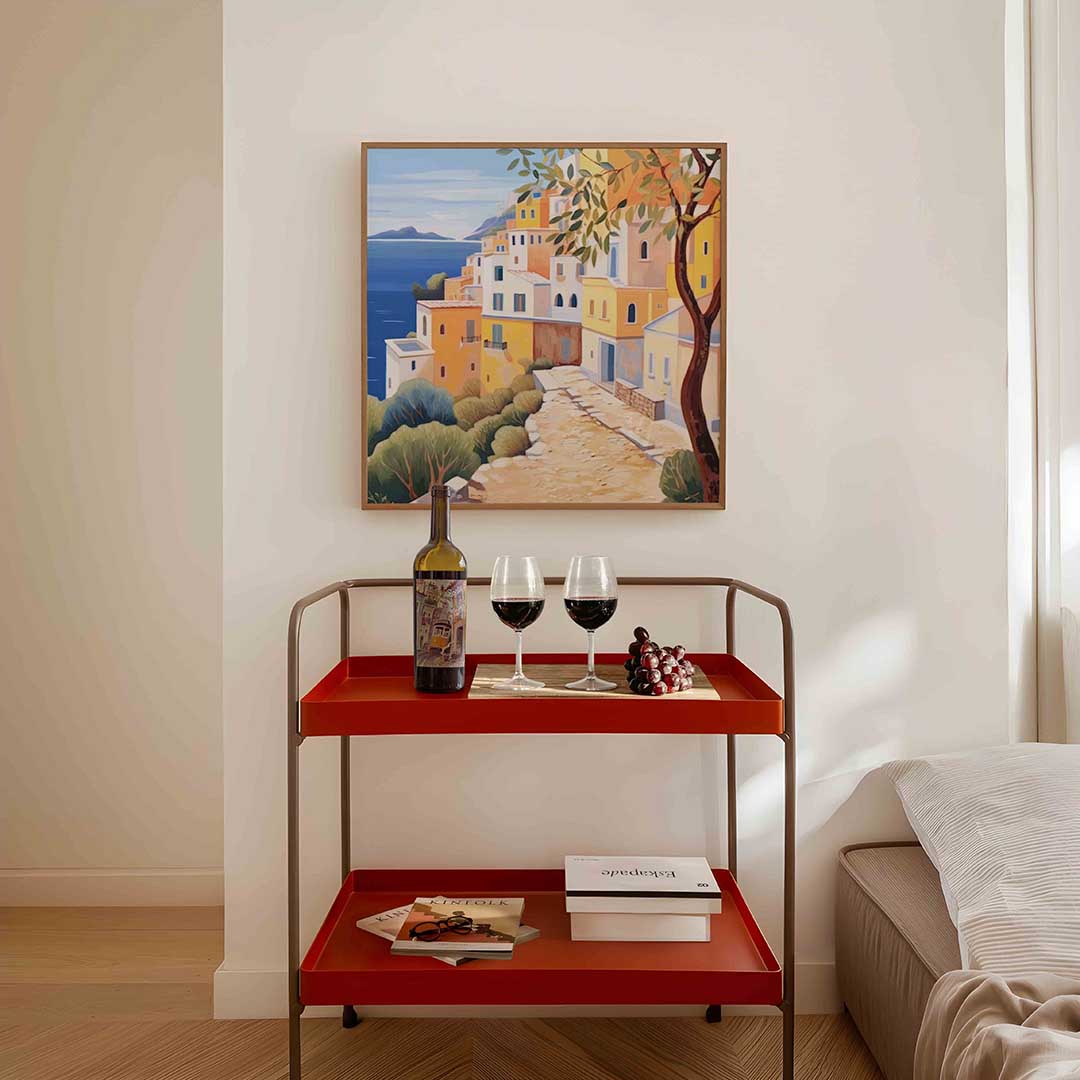 Mediterrane huizen aan zee – vierkante keuken wanddecoratie van WallArtistic