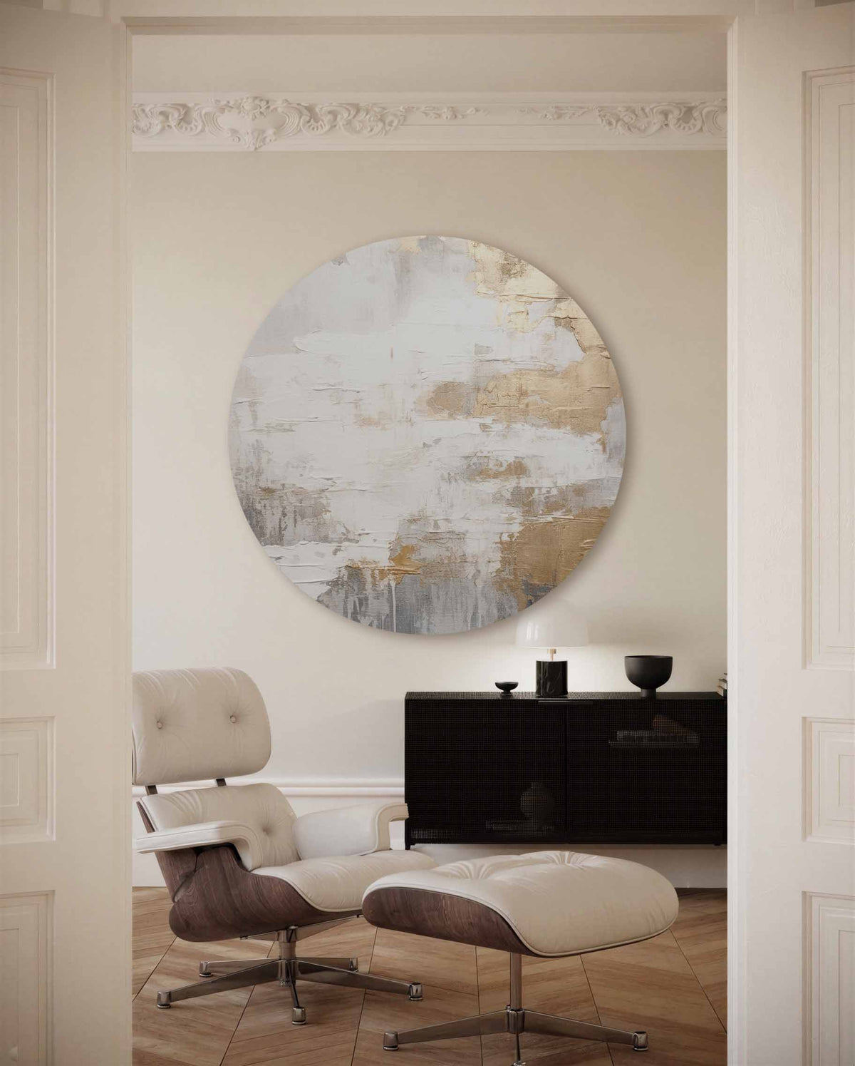 Goud en wit abstracte – illustratie muurcirkel als ronde muurdecoratie