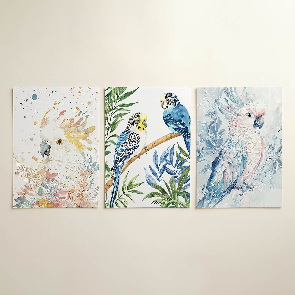 Vogel en kleuren posterset – detailweergave – een speelse compositie van een vogel met zachte tinten