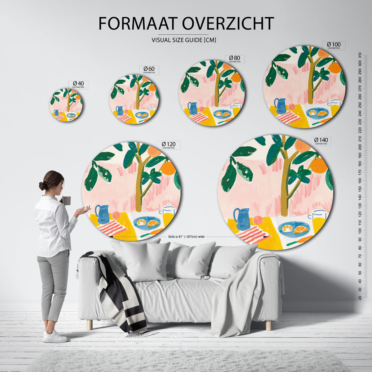 Citrus en tafel – geïllustreerde wandkunst als moderne muurcirkel