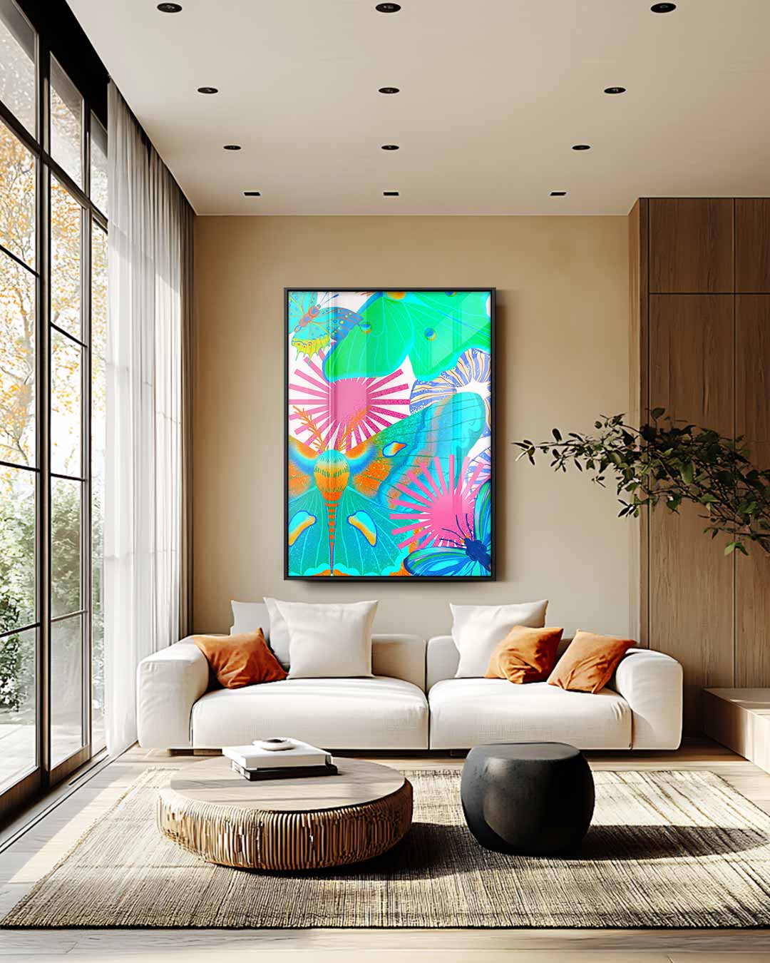 Felle vlinders en bloemen – staand kunstwerk voor modern interieur
