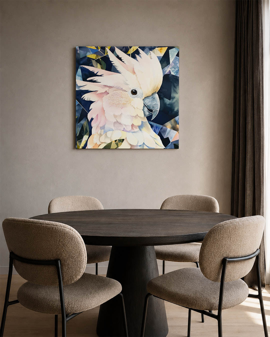 Vogelsilhouet met geometrie kunstwerk – derde productweergave – dit werk toont een vogel met zachte, vloeiende lijnen en