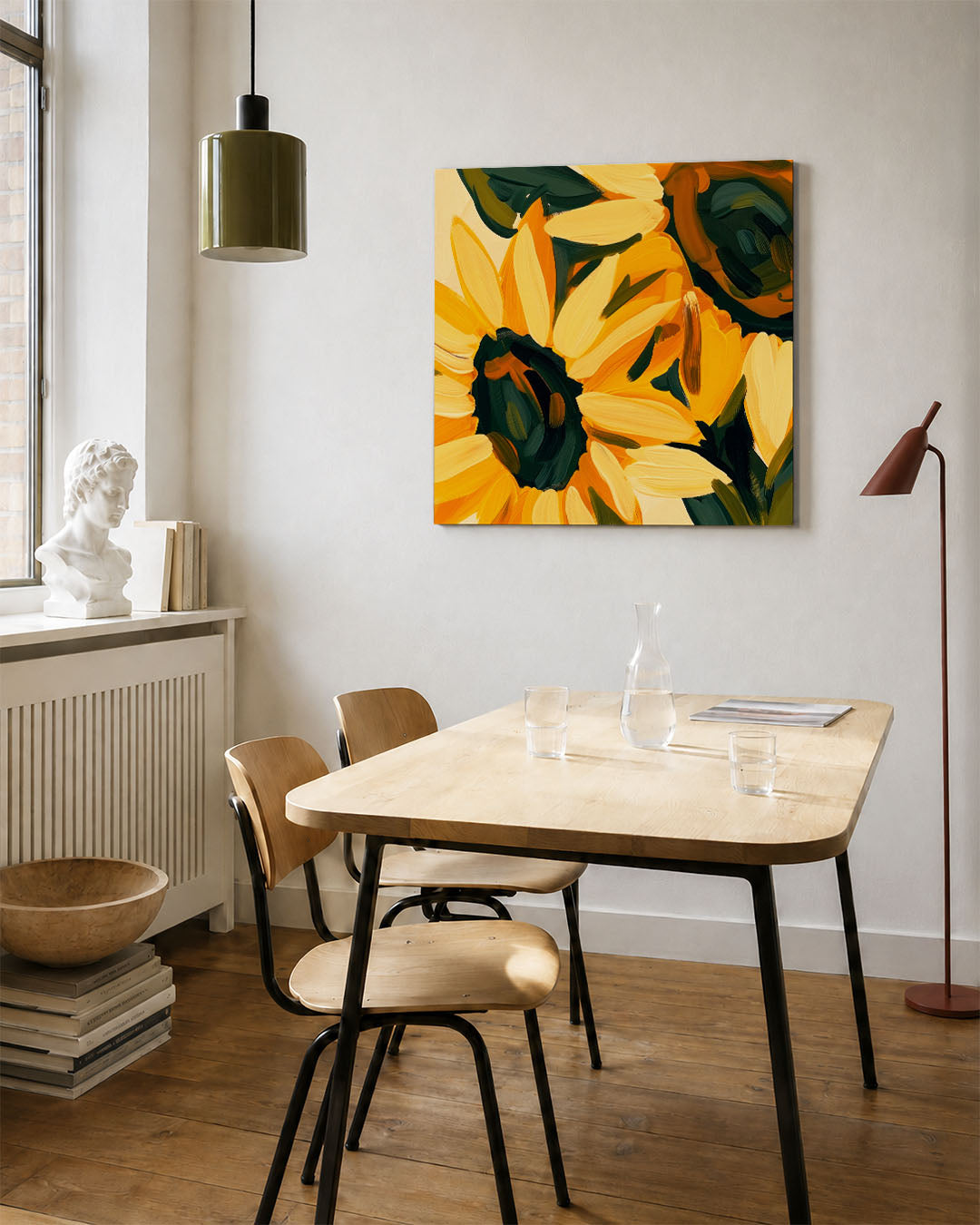Expressieve bloemen kunstwerk – vierkante wanddecoratie – dit werk toont grote bloemen in levendige kleuren. De