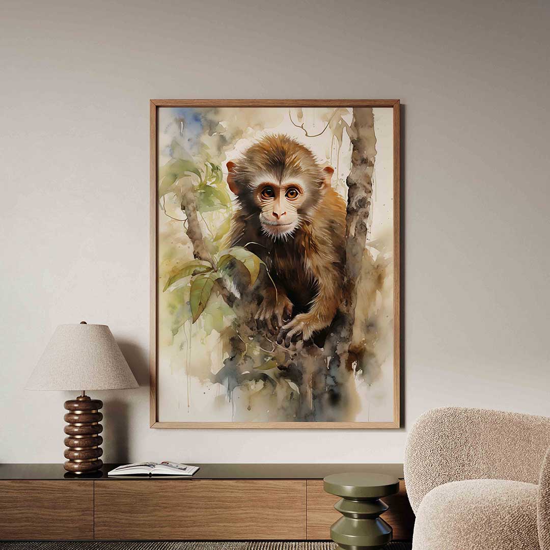 Jonge aap in boom – tropische jungle poster in staand formaat