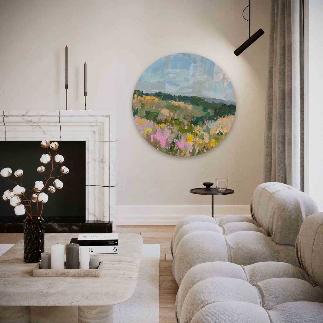 Landschap met bloemen – abstracte textuur muurcirkel als wanddecoratie