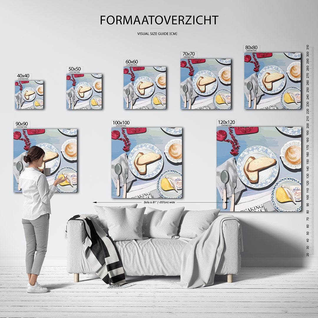 Ontbijt tafereel kunstwerk – sfeerbeeld – dit werk toont een tafel met brood, boter en een kop koffie. Heldere kleuren en een
