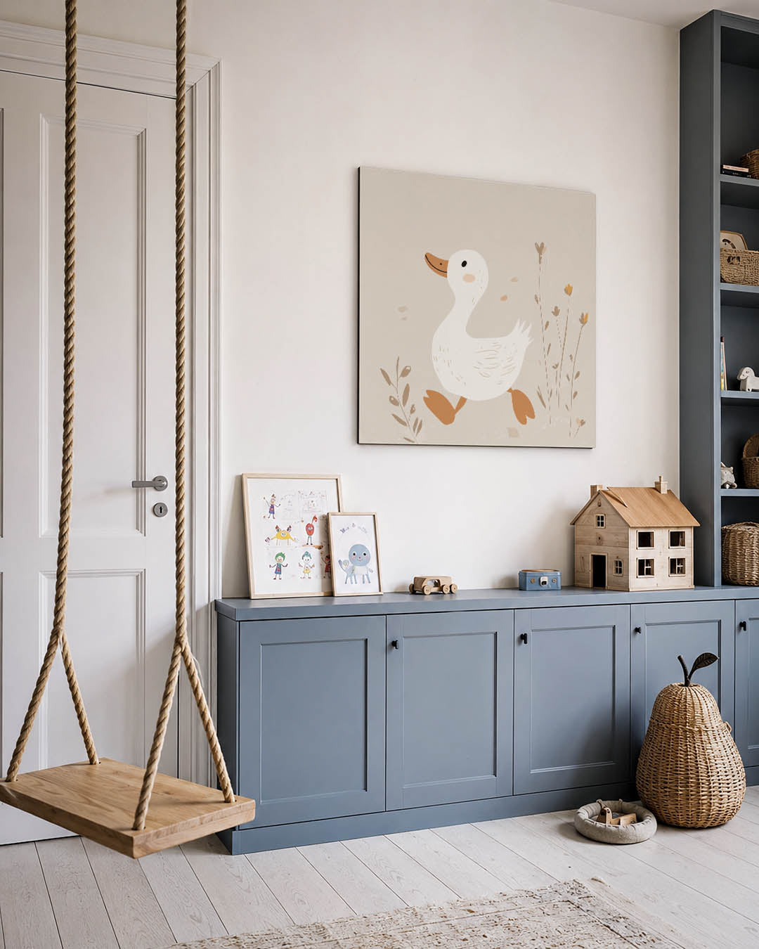 Eend en natuur kunstwerk – vierkante wanddecoratie – een speelse eend wandelt tussen delicate planten. De zachte kleuren en