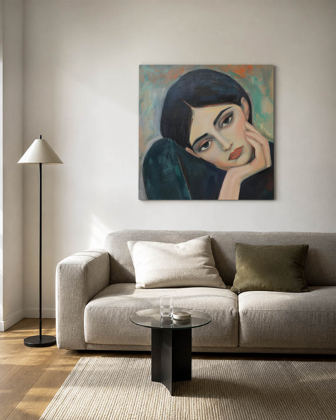 Dromerige blik kunstwerk – vierkante wanddecoratie – dit kunstwerk toont een vrouw met een dromerige blik. De zachte