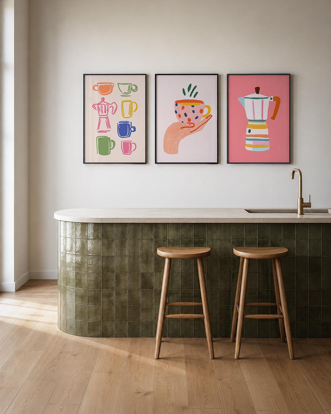 Kleurrijke koffievormen posterset – tweede productweergave – deze posterset in drie delen toont speelse koffiekopjes en