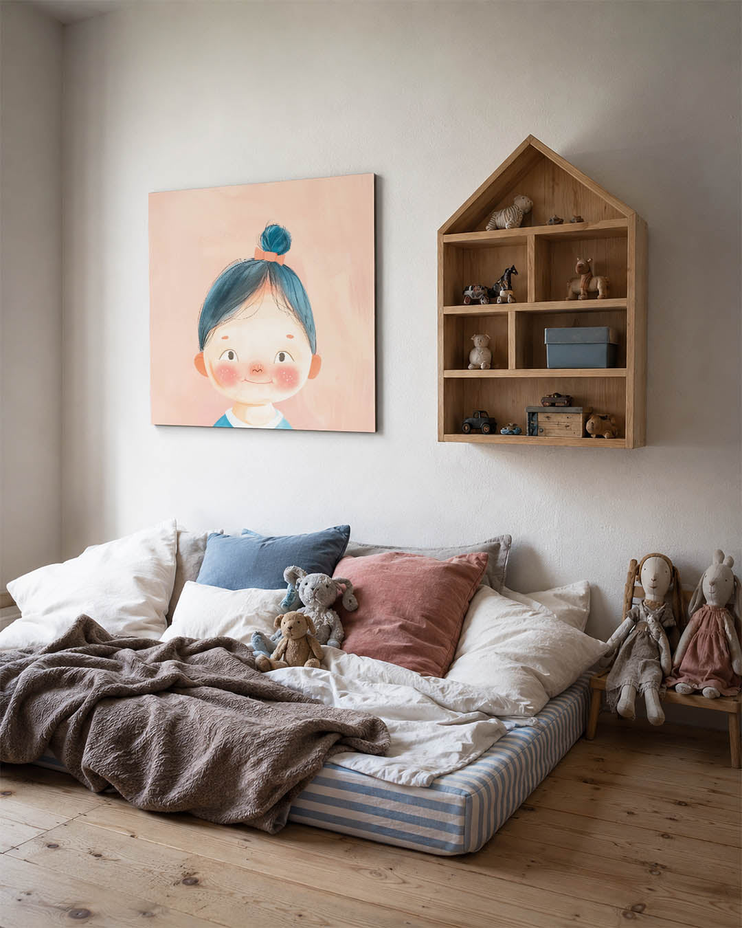 Vrolijk portret kind kunstwerk – derde productweergave – dit kunstwerk toont een vrolijk kind met blauwe haren en een oranje