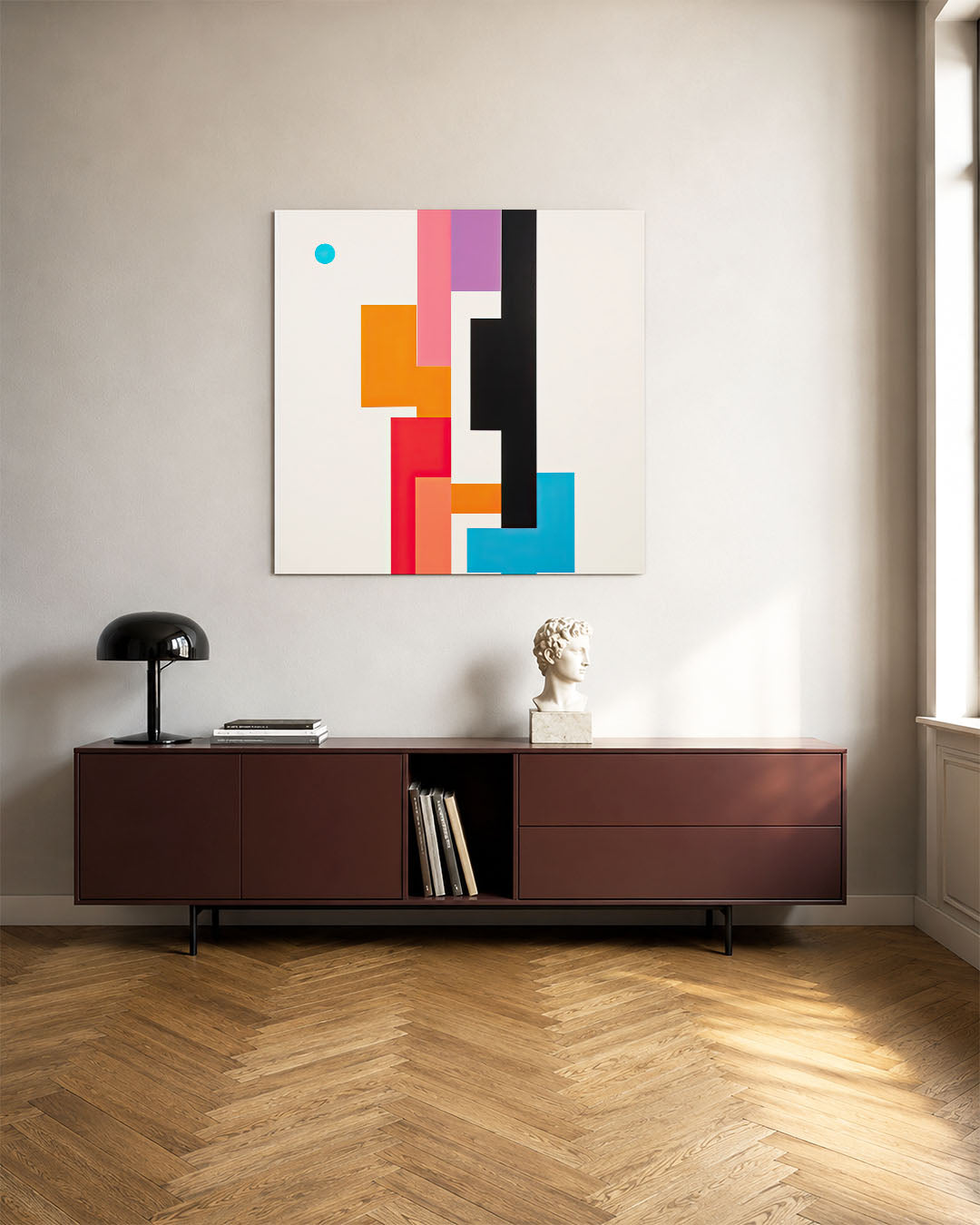 Geometrische kleurencompositie kunstwerk – tweede productweergave – dit werk toont een dynamische compositie van rechthoeken