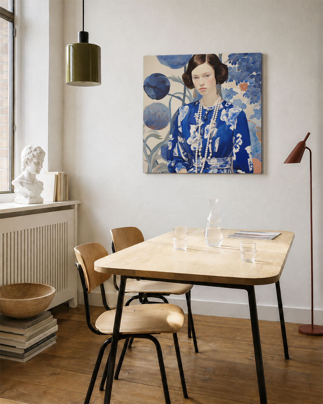 Vrouwelijk portret met bloemen kunstwerk – vierkante wanddecoratie – dit werk toont een vrouw in een blauwe jurk met witte