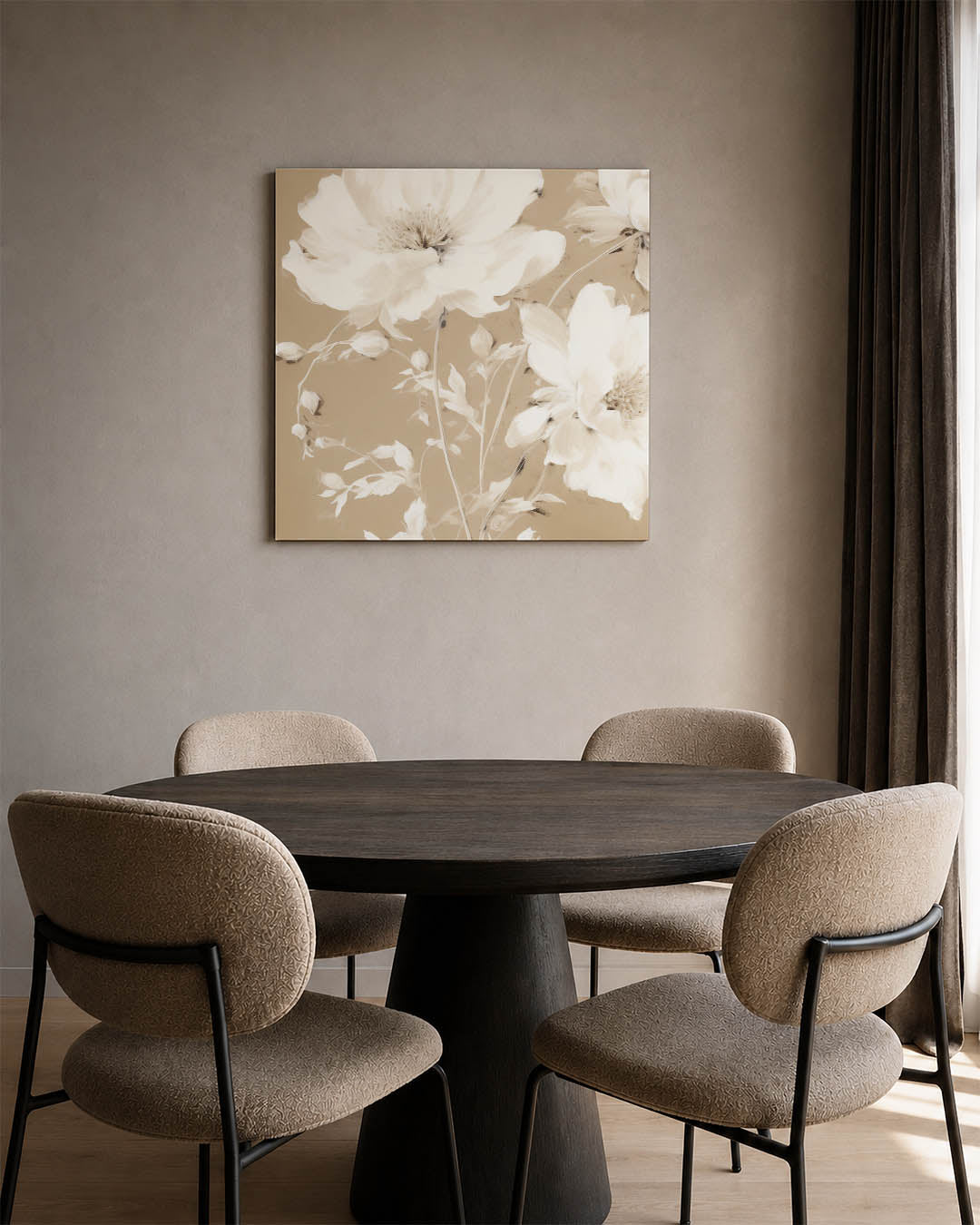 Bloemrijke elegantie kunstwerk – vierkante wanddecoratie – dit kunstwerk toont delicate bloemen in zachte tinten, met