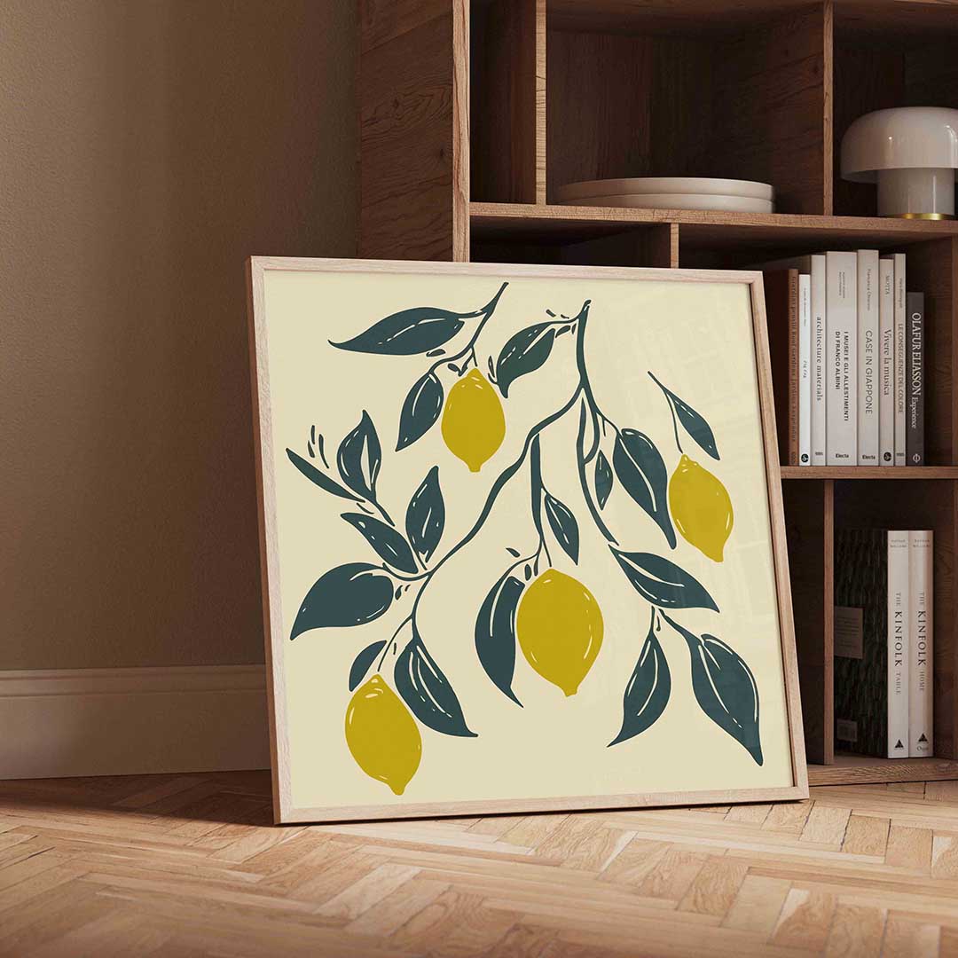 Citroen en bladeren – moderne wandkunst met kleur en vormen als poster