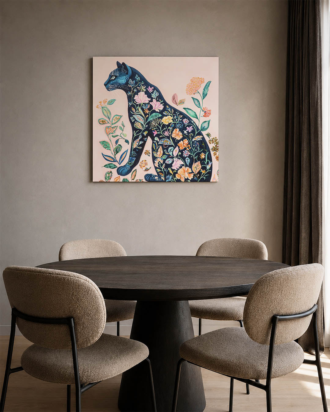 Bloemenkat kunstwerk – derde productweergave – dit werk toont een silhouet van een kat gevuld met kleurrijke bloemen en