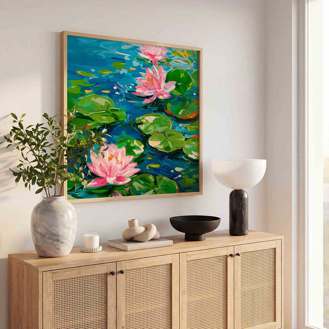 Waterlelies en bladeren – illustratie poster in vierkant formaat