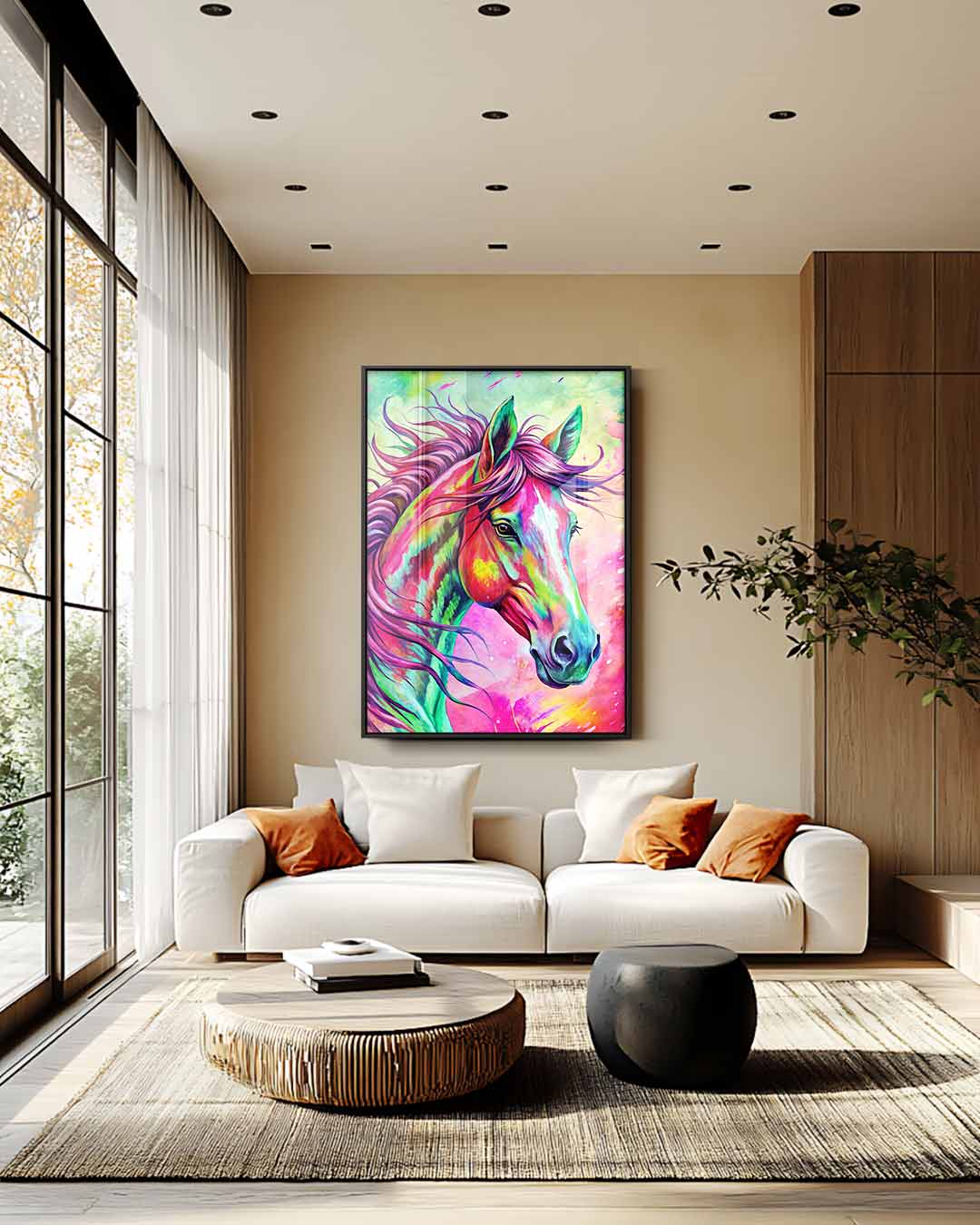 Kleurrijk Paardenportret – plexiglas wanddecoratie in portret formaat
