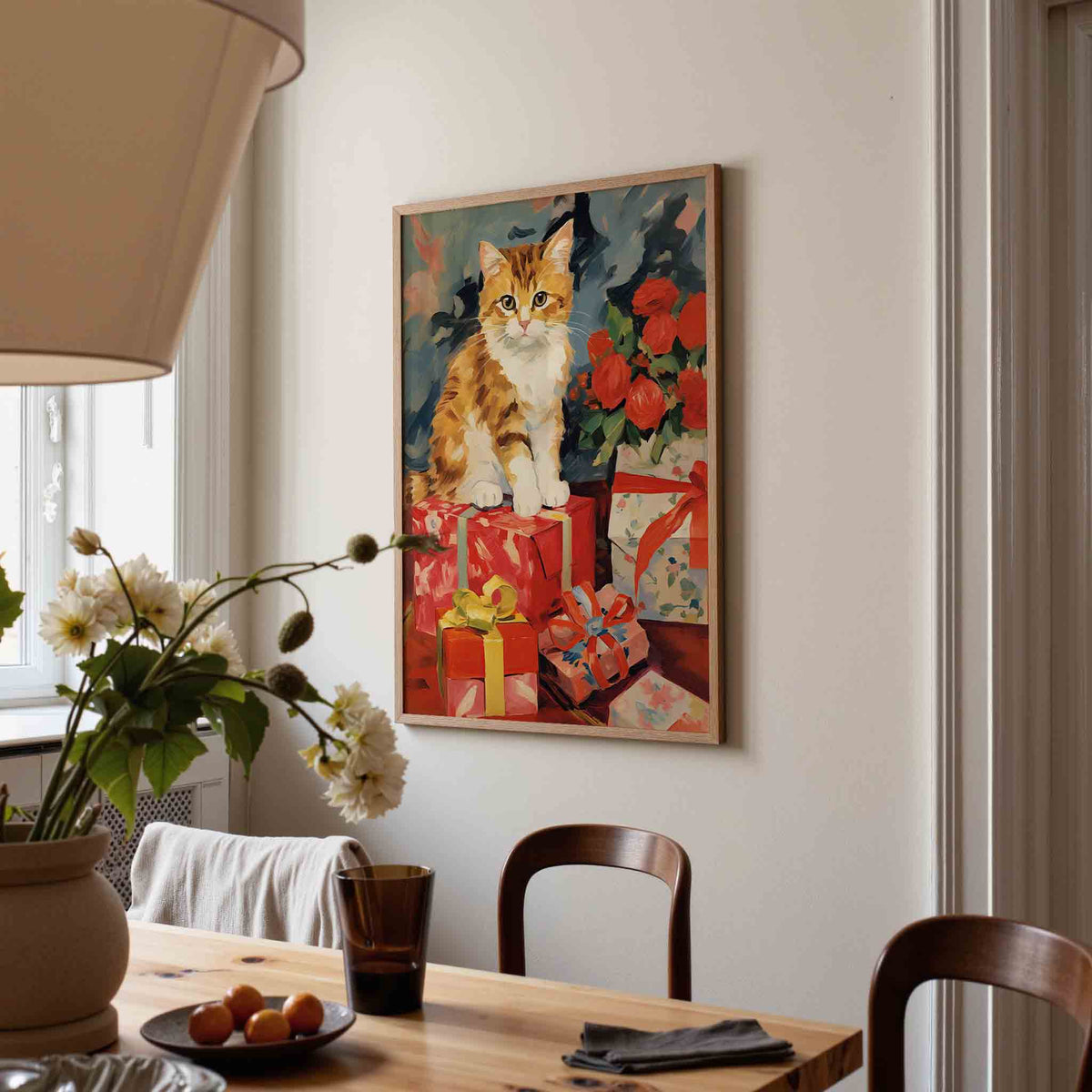 Kat met cadeaus – kerstposter in staand formaat