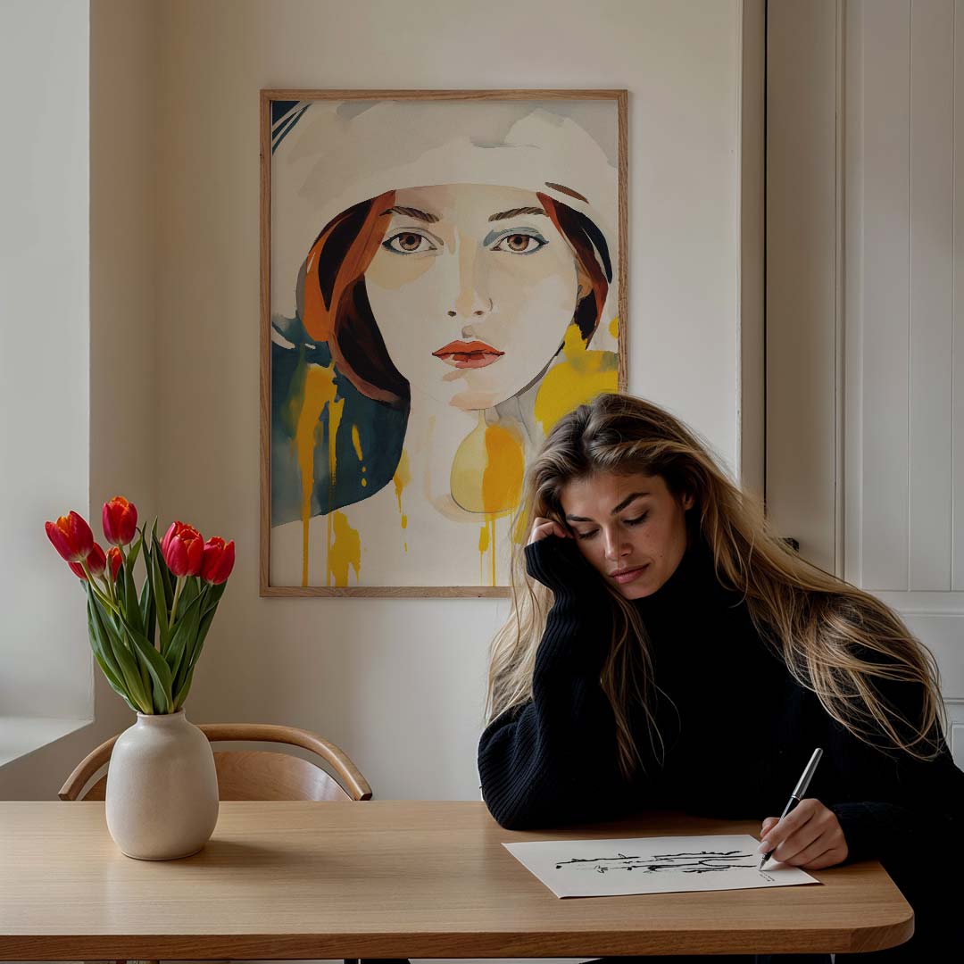 Portret van vrouw in moderne stijl – staande vrouwelijke wanddecoratie van WallArtistic