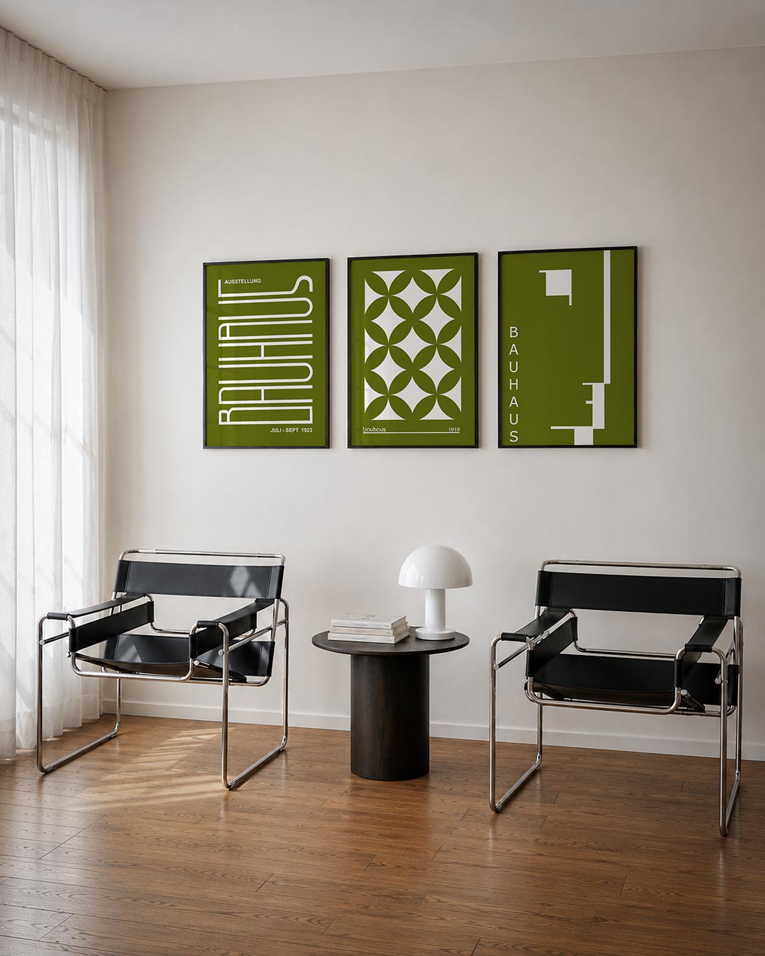 Lijnen en vormen driedelige posterset – deze posterset in drie delen toont een spel van witte lijnen op een olijfgroene