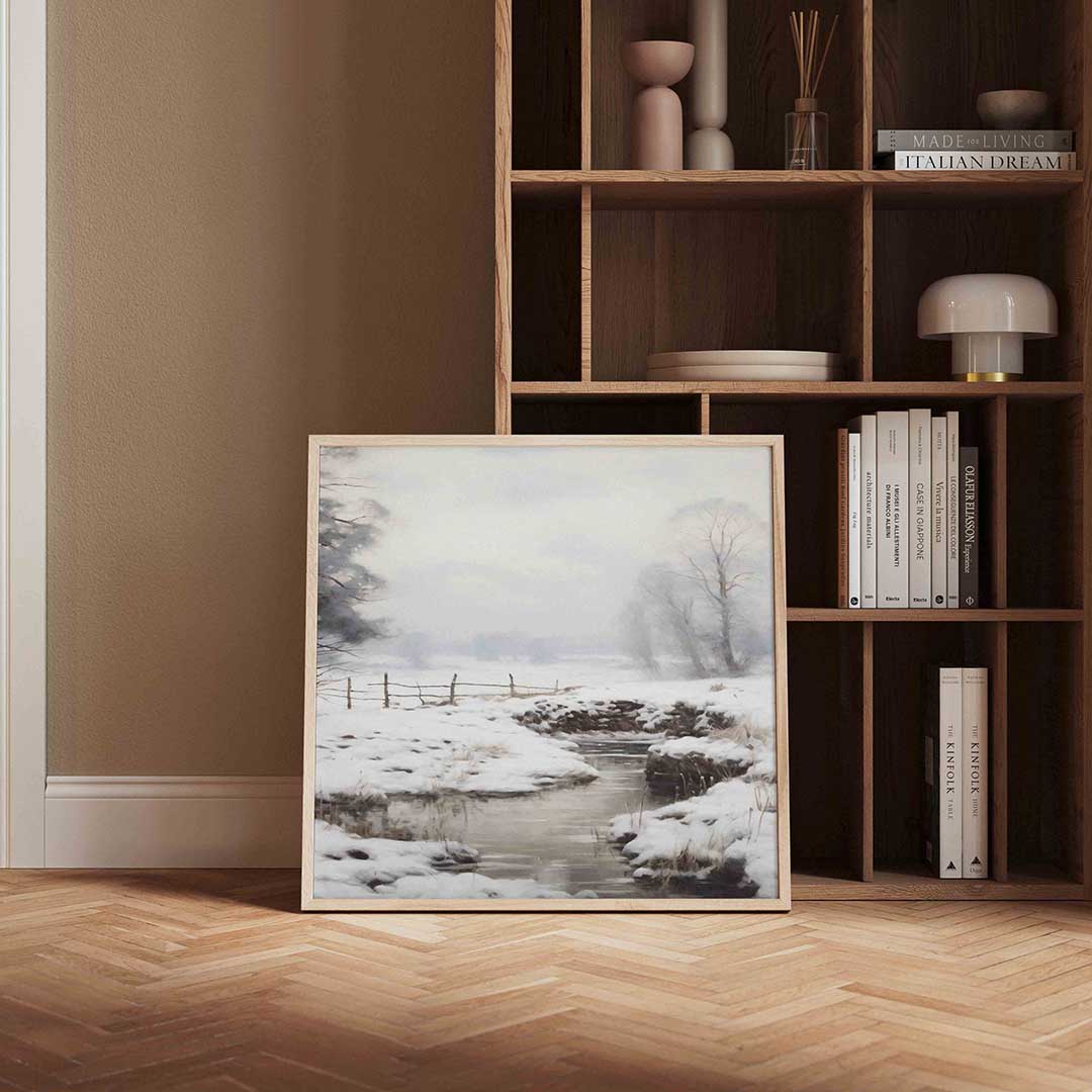 Winterlandschap met beek – vierkante vintage wanddecoratie van WallArtistic
